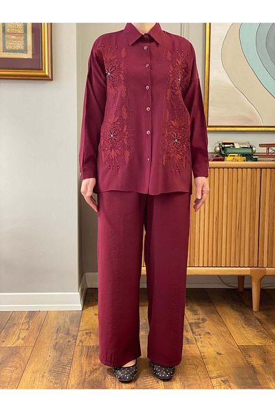 Hatun Atila Summer Embroidered Double Suit 8811 Burgundy