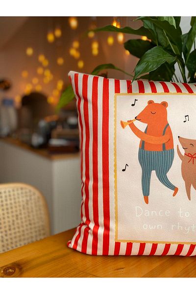 RahanDesign Children's Room Decorative Suede Throw Pillow Cover - Children's Room Red Striped Throw Pillow Cover - 43X43Cm