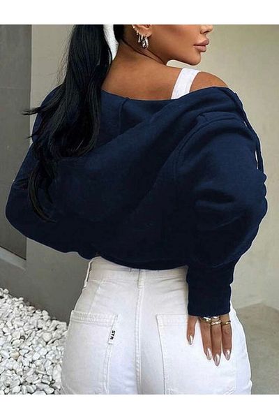 DEZZİİ Navy Blue Zippered Hooded Crop Sweat Cardigan