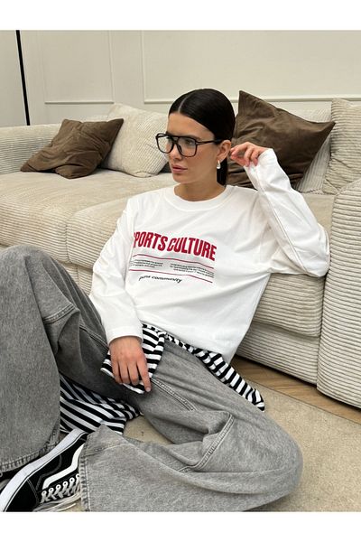sole stories Lily Women's 100% Cotton Crew Neck Oversize Fit Long Sleeve White Printed T-Shirt