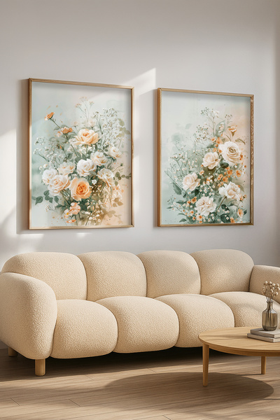 STARYUNA Set de pictură dublă cu model de trandafiri în tonuri de alb și piersic cu rame din lemn, pictură pentru sufragerie Yuna293