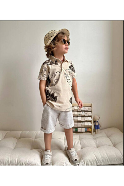 WİKİBOOM Boy's Leaf Pattern - Polo Collar - Short Sleeve - Brown Color T-Shir...