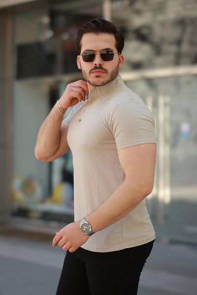 Aymood Men's Judge Collar Woven Cotton Fabric Short Sleeve T-Shirt