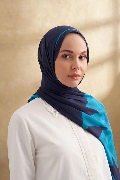 ARMANDA Navy Blue-Turquoise Cotton Modal Shawl 3382