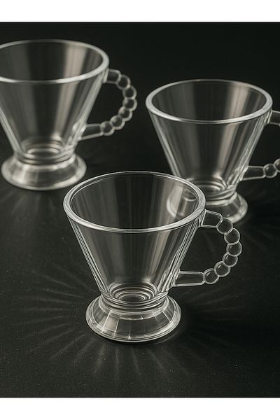 Mapple Home Crystal Elegance Set of 3 Glass Tea Cups with Beaded Handles - Coffee and Dessert Presentation 160 ml