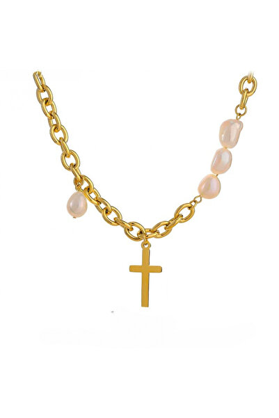 Eva Grace Κολιέ Lacey, χρυσό, με σταυρό, από ανοξείδωτο ατσάλι και καλλιεργημένα μαργαριτάρια, επιχρυσωμένο