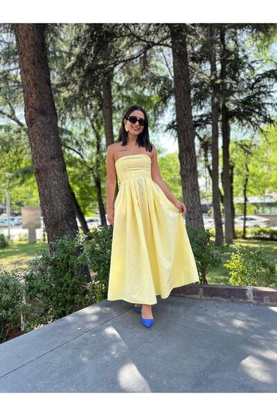 nidistore Women's Yellow Strapless Pleat Detailed Hidden Zipper Long Dress