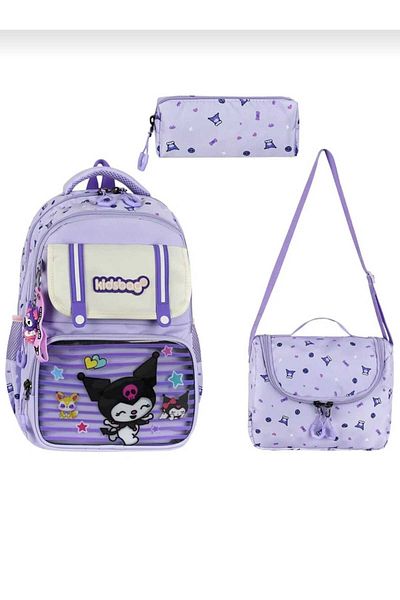JaspEAdo Kuromi Character Patterned Backpack Orthopedic Foil Backpack Primary School Bag Set with Lunchbox and Pen Holder