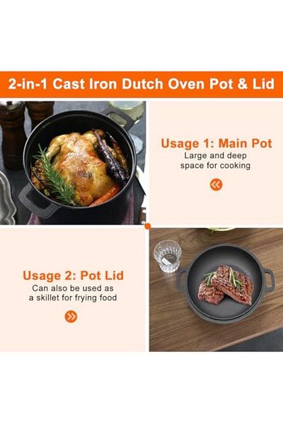 SHEWOW AzzmaAii 2-in-1 Cast Iron Dutch Oven with Lid Skillet Pan