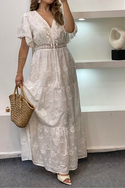 Suzi Relief Flower Embroidered Short Sleeve Lined Dress M38451
