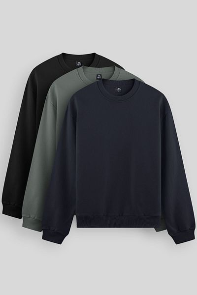 TOMMY LIFE Hanorac pentru bărbați Standard Fit Basic O-Gât 3 pachet negru-birou-marin 88053