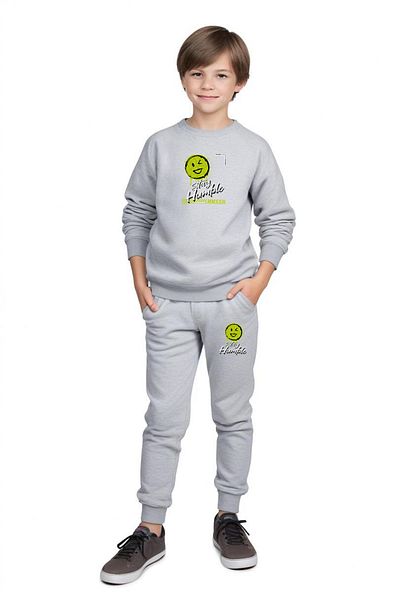 YA KO KİDS Round Neck Stay Humble Printed Boy's Tracksuit Set