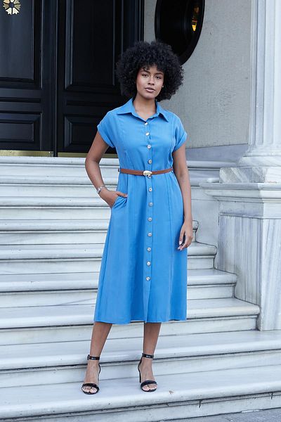 Jument Women's Twill Modal Collar Off-Shoulder Double Sleeve Midi Length Knee-Length Dress (Leather Belt Included)-Indigo