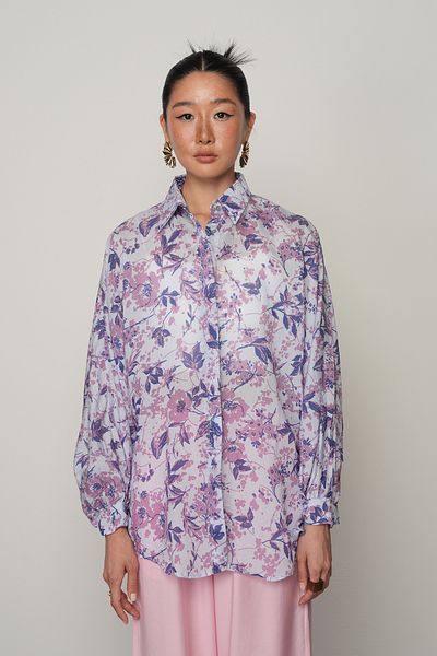 Orfeo Negro Women's Oversize Shirt with Tie Blue Color Flower Pattern