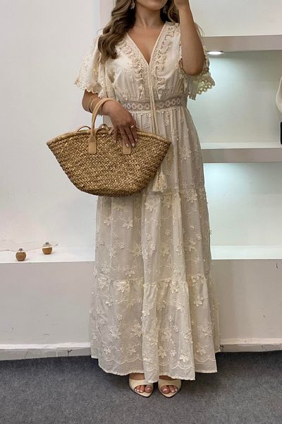 Suzi Relief Flower Embroidered Short Sleeve Lined Dress M38451