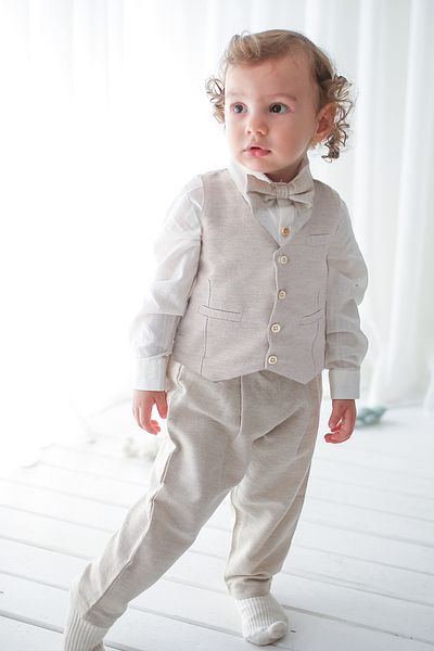Catz Kids Baby Boy Set of Four Beige Linen Vest Suspender Suit