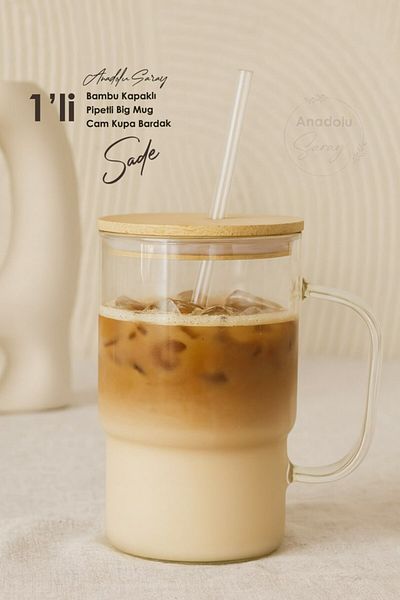 Anadolu Saray Glass Cup with Bamboo Lid Presentation Cup for Iced Coffee and Cold Drinks