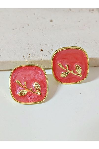 mos&more Red Enamel Gold Square Earrings