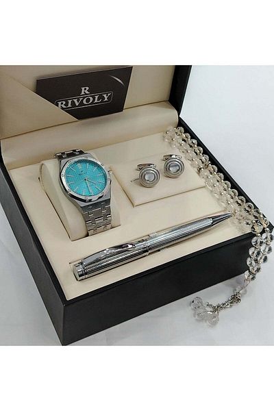 Rivoly Men's Stainless Steel Set with Watch, Tasbih, Pen, and Cufflinks