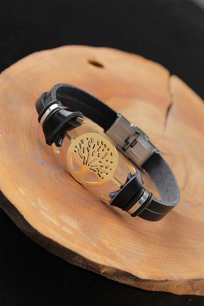 BESKAR Gold Color Metal Tree Design Black Color Leather Men's Bracelet