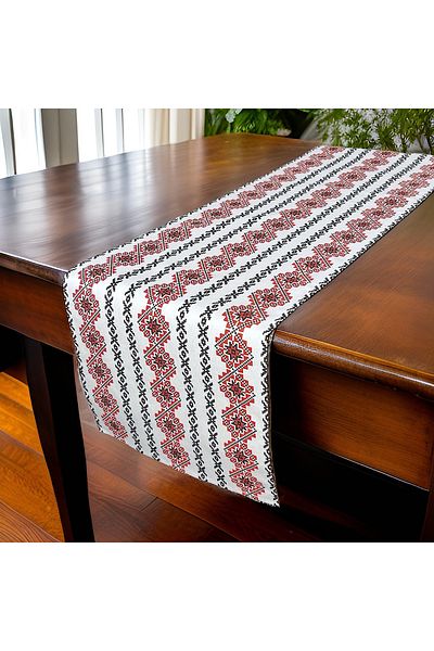 DENISA-DO Traditional rustic cotton table runner decor white with red 40 x 140 cm