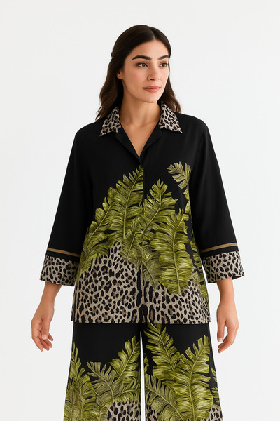 Moda Gizz Tekstil Kadın Tropikal Yaprak ve Leopar Desenli Oversize Gömlek - S...
