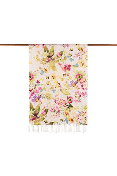 ipekevi White Green Botanical Garden Patterned Silk Shawl