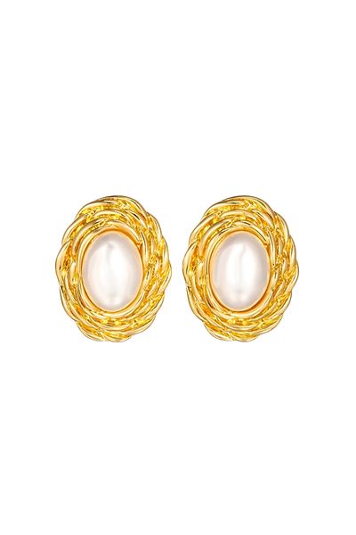 Eva Grace Gillian gold clip earrings with pearls and retro pattern