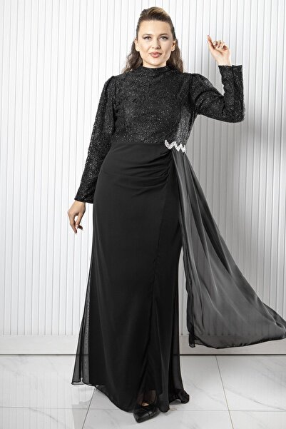 SUBU TASARIM Βραδινό φόρεμα από δαντέλα σιφόν μαύρο TBS958