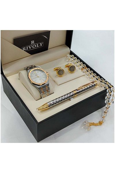 Rivoly Men's Stainless Steel Set with Watch, Tasbih, Pen, and Cufflinks