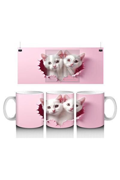 Luluyen قطط بيضاء لطيفة تنظر من خلال الشق على شكل قلب - كوب قهوة مطبوع