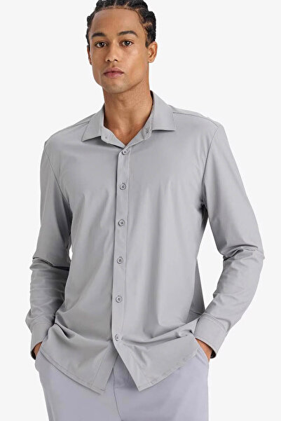 DeFacto قميص رجالي ذو قصة ضيقة وأكمام طويلة باللون الرمادي الفاتح E9356AX/GR456