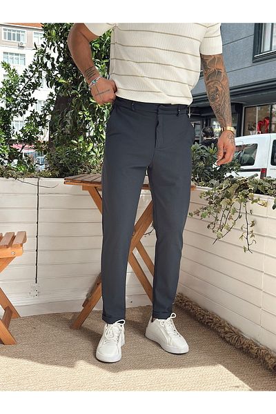manch collection Basic Hidden Button Double Leg Trousers Navy Blue