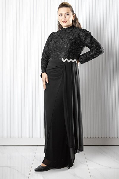 SUBU TASARIM Βραδινό φόρεμα από δαντέλα σιφόν μαύρο TBS958