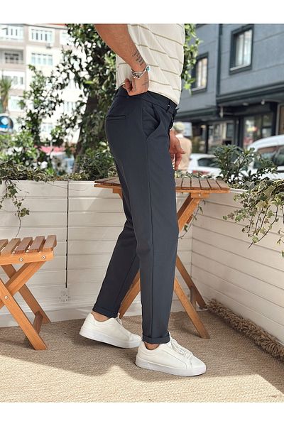 manch collection Basic Hidden Button Double Leg Trousers Navy Blue