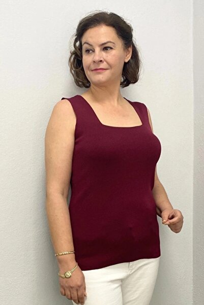 Mia Butik Plus Size Burgundy Square Collar Knitwear Blouse