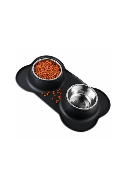 UIQ Covoras pentru animale, 22x35cm, 2 boluri 500ml, cauciuc si inox, Negru