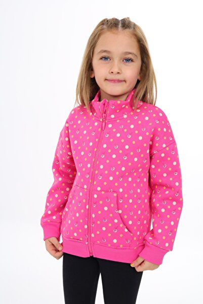 Toontoy Girl's Mock Neck Zippered Pockets Off Shoulder Printed Knitted Cardigan - 2 Thread Raised