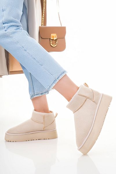 Lölük Moda Mini Sand Beige Suede Fur Lined Thick Sole Women's Boots