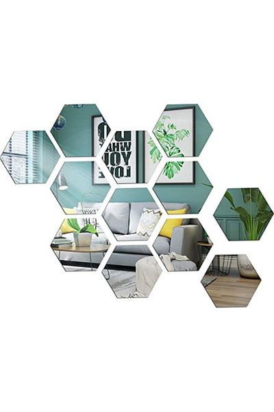 UIQ Set of adhesive hexagonal mirrors, 12 pieces, 17.5x15.5x9 cm, White