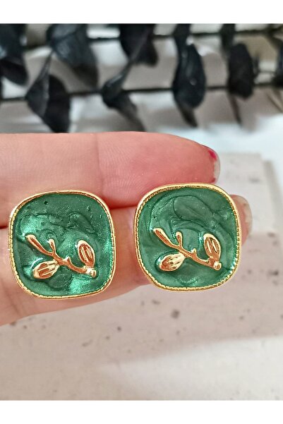 mos&more Nefti Yeşil Mineli Gold Kare Küpe