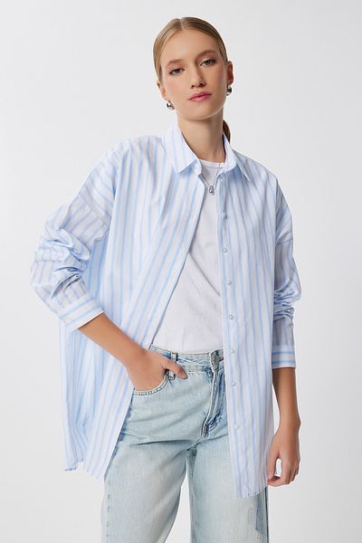 Lovelyİstanbul Striped Oversize Woven Shirt Lfg0136 Blue White
