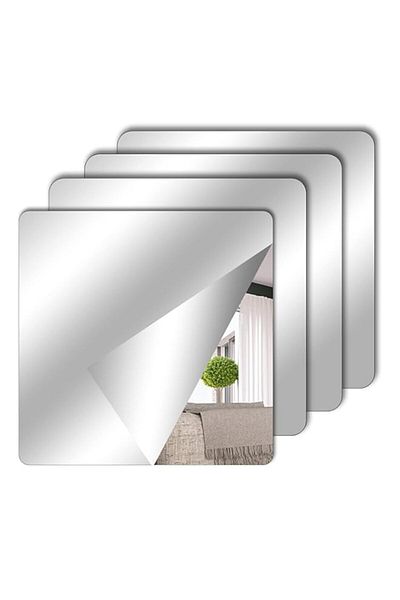 Generic TSLBW Pack of 4 Self-Adhesive Tile Mirrors for Sticking, 15 x 15 cm, Acrylic Mirror, School Mirror,