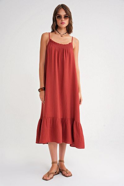 Mixray 4740 Women's Strap Muslin Midi Dress Tile