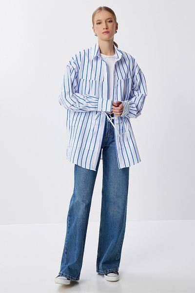 Lovelyİstanbul Striped Balloon Sleeve Woven Shirt Lfg0137 Blue White
