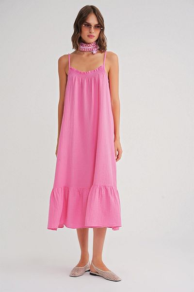Mixray 4740 Women's Strap Muslin Midi Dress Pink