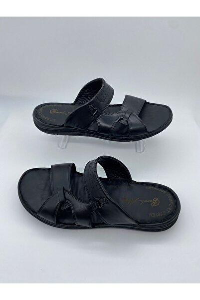 BURAK ALDAY SHOES Men's Genuine Leather Massage Sole Black Slippers