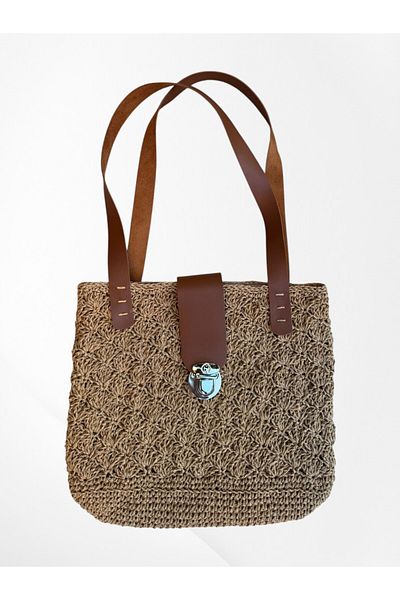 Pajama Shop Women's Shoulder Bag Leather Strap Straw Knitted Handmade Lined Handmade Design with Inside Pocket