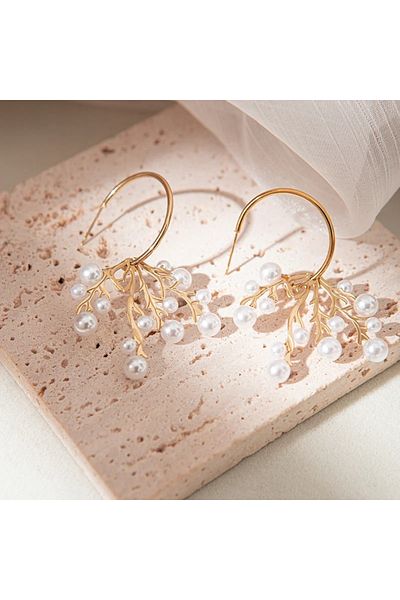 Eva Grace Cercei Avriella, aurii, rotunzi, cu perle și model coral, din oțel inoxidabil - Colecția Universe