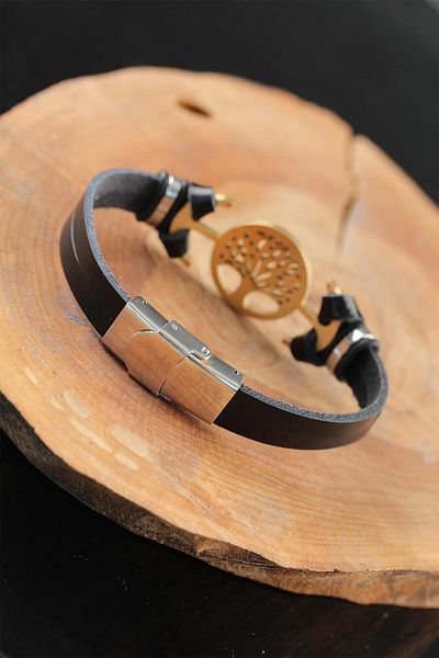 BESKAR Gold Color Metal Tree Design Black Color Leather Men's Bracelet